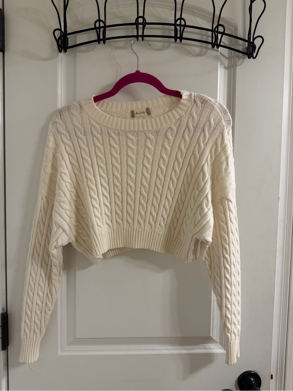Altar'd State Cream Cable-Knit Cropped Crew Sweater